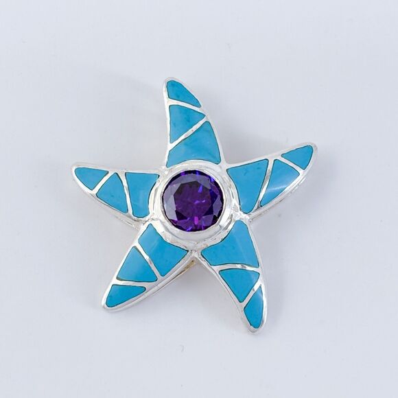 Vintage Sterling Silver 925 Amethyst and Turquoise Starfish Pendant - Picture 2 of 6